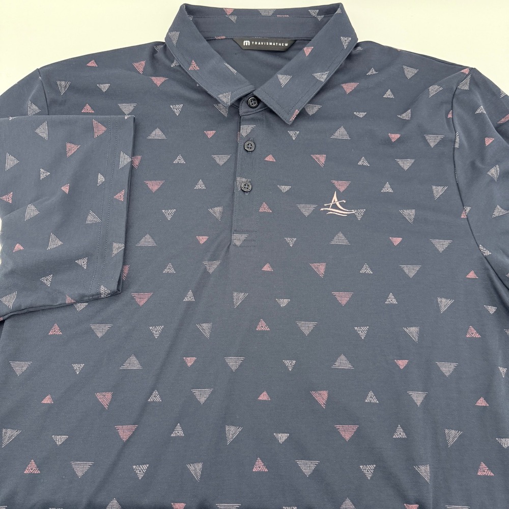 TravisMathew Golf Polo Shirt Men XXL Navy Blue Geometric Triangle Print Shrt Slv